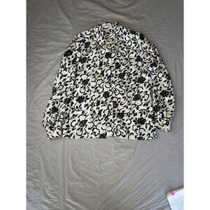 Alfred Dunner Womens White Black Blouse 14 long sleeve button up collared vintag